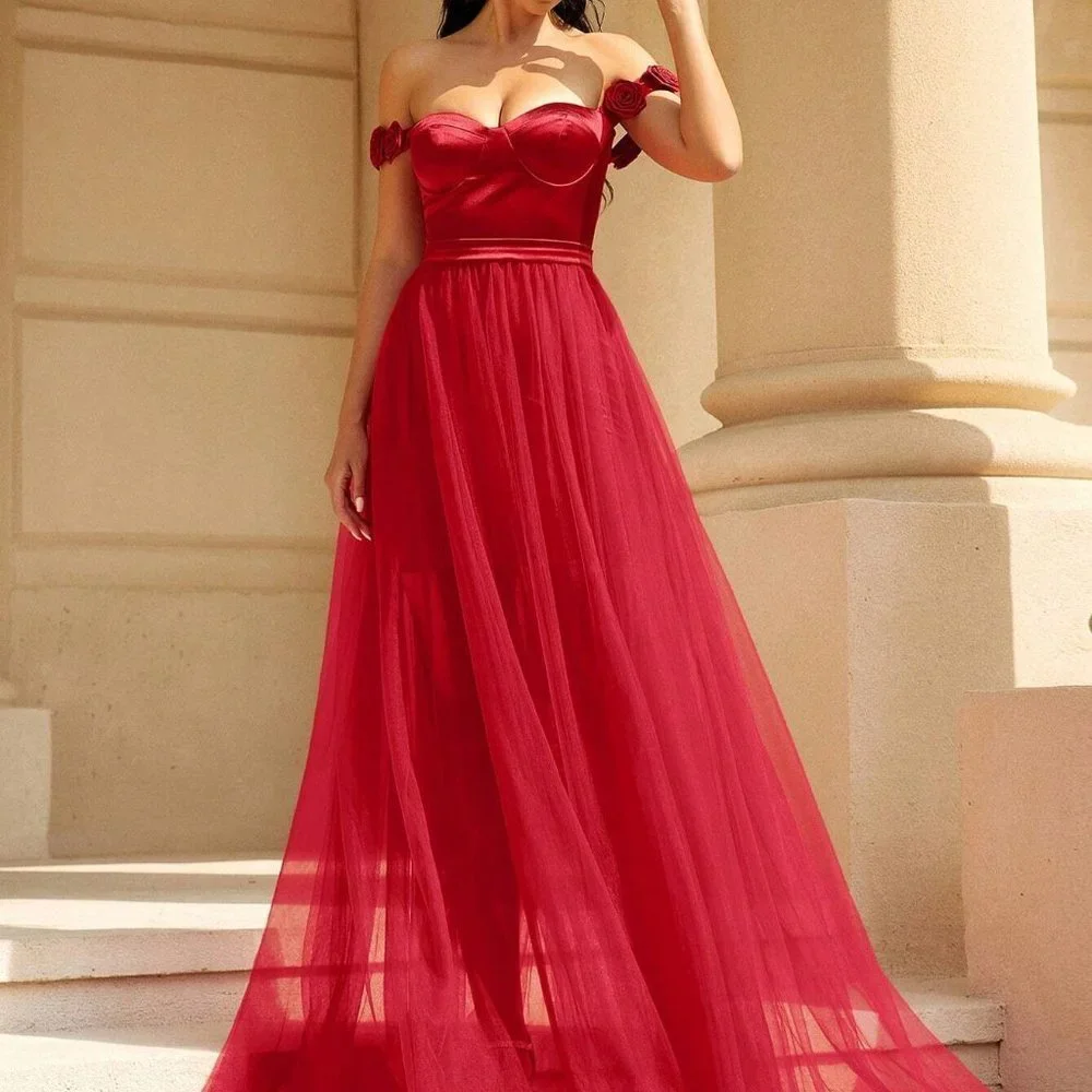 Red Preppy Womens Off Shoulder Split Thigh Mesh Overlay Formal Dress - Picture 4 of 5